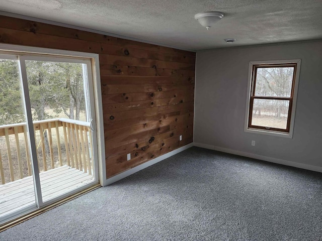 empty room featuring wood walls, a textured ceiling, and carpet flooring