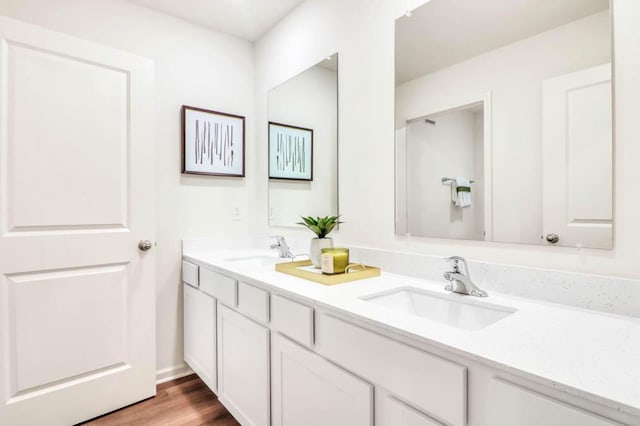 bathroom with hardwood / wood-style flooring and vanity