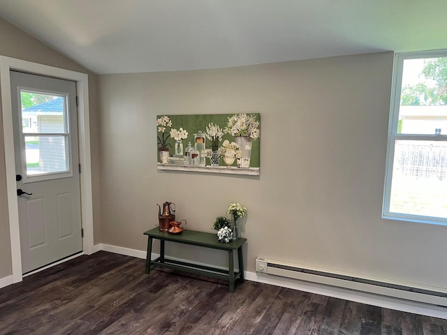 entrance foyer with a baseboard radiator, dark hardwood / wood-style flooring, and vaulted ceiling