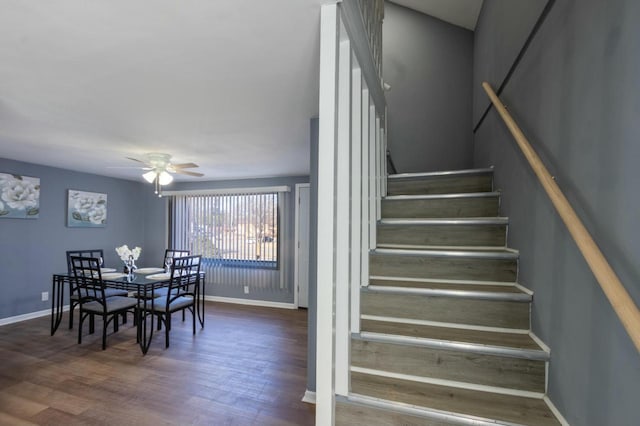 staircase with ceiling fan and hardwood / wood-style flooring