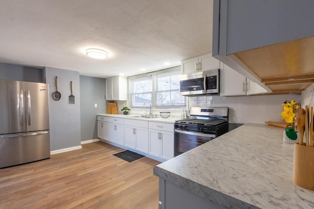 kitchen featuring white cabinets, appliances with stainless steel finishes, decorative backsplash, sink, and light wood-type flooring