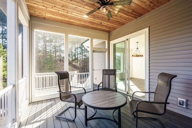 sunroom with wooden ceiling and a ceiling fan