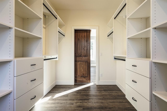 spacious closet with dark wood-type flooring