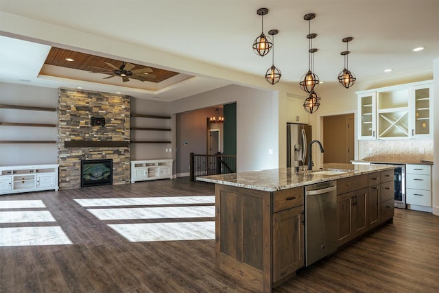 kitchen with a sink, appliances with stainless steel finishes, dark wood finished floors, and a tray ceiling