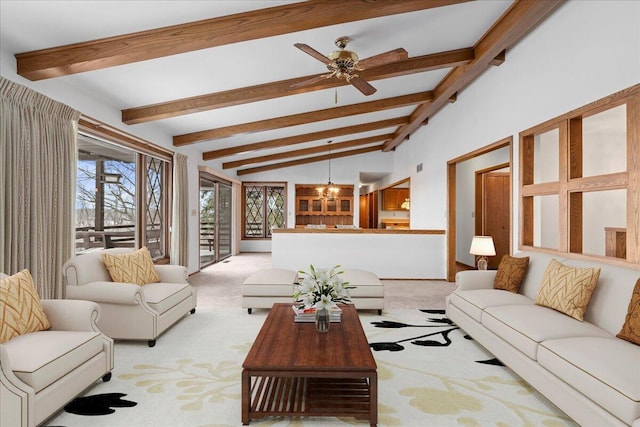 living room featuring light carpet, vaulted ceiling with beams, and ceiling fan with notable chandelier