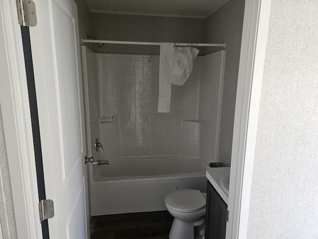 full bathroom with toilet, vanity, shower / bathtub combination, and ornamental molding