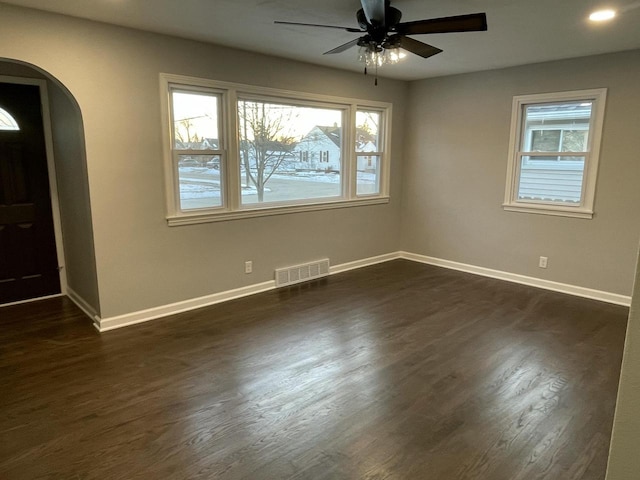 entrance foyer featuring ceiling fan, plenty of natural light, and dark wood-type flooring