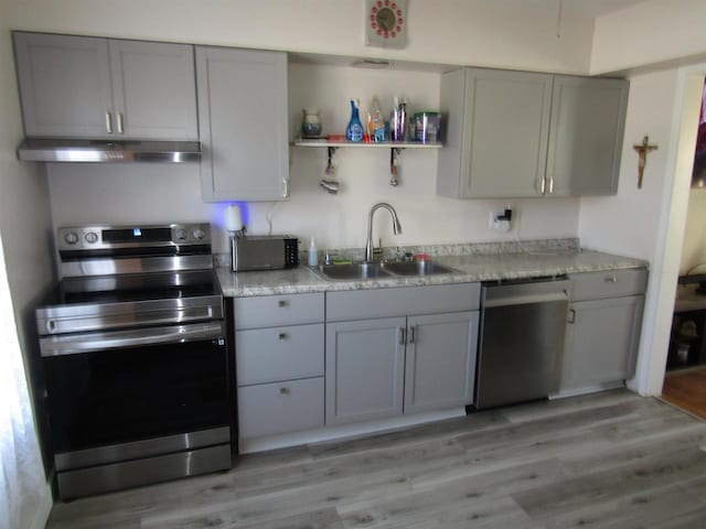 kitchen with sink, gray cabinetry, stainless steel appliances, and light wood-type flooring