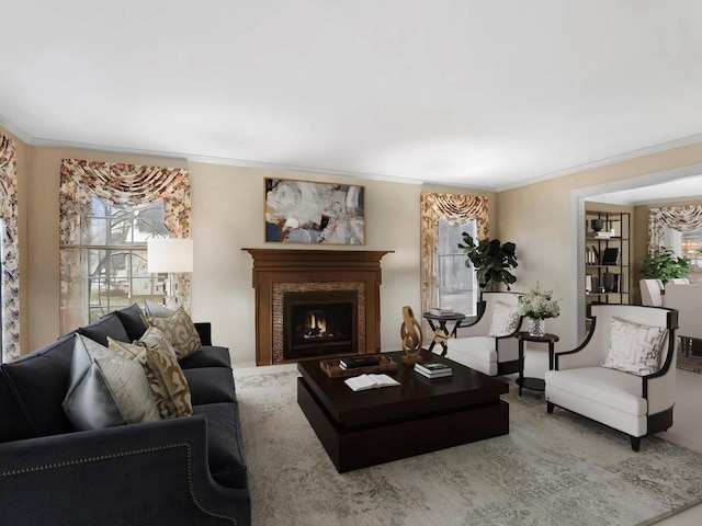 living room featuring crown molding