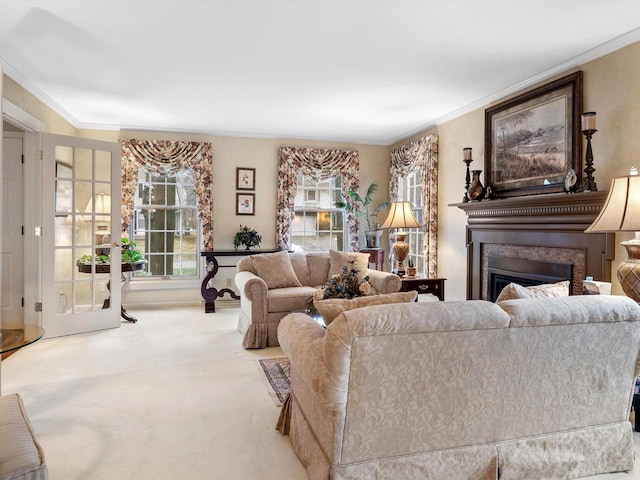 carpeted living room with ornamental molding