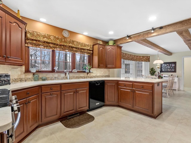 kitchen featuring kitchen peninsula, decorative backsplash, decorative light fixtures, dishwasher, and beam ceiling