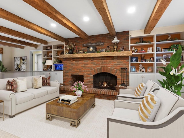 living room featuring a brick fireplace, built in features, and beamed ceiling