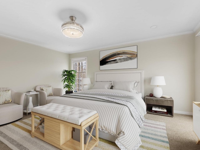 carpeted bedroom featuring crown molding