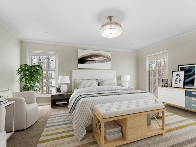 carpeted bedroom featuring ornamental molding