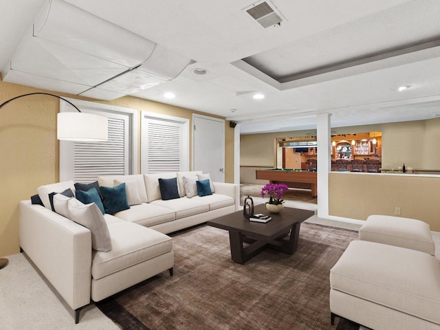 carpeted living room featuring pool table