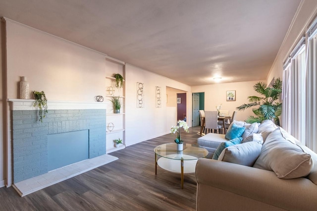 living room with dark wood-type flooring and a fireplace