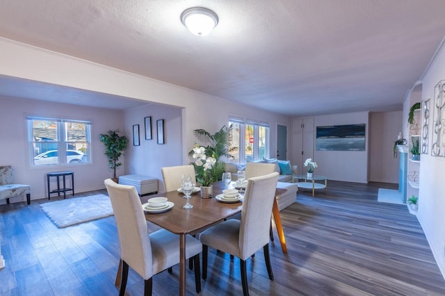 dining area featuring a textured ceiling, a healthy amount of sunlight, and dark hardwood / wood-style floors