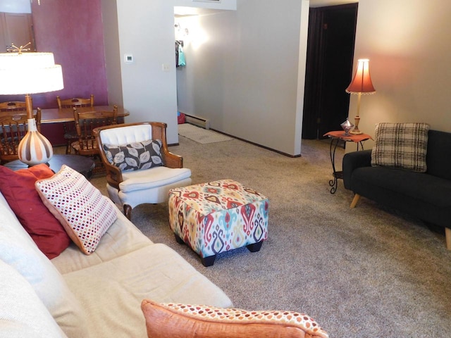 living room with carpet floors and a baseboard radiator