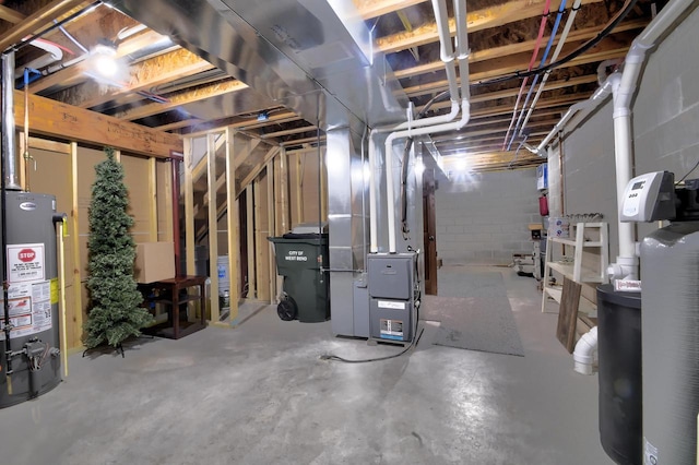 basement with heating unit and gas water heater