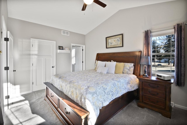 bedroom featuring ceiling fan, carpet flooring, and lofted ceiling