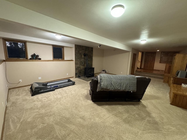 living room featuring a wood stove and carpet flooring