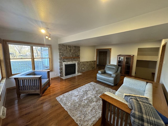 living room featuring dark wood-type flooring and a stone fireplace