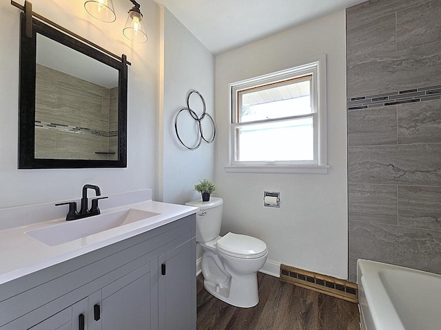 bathroom with toilet, vanity, and wood-type flooring