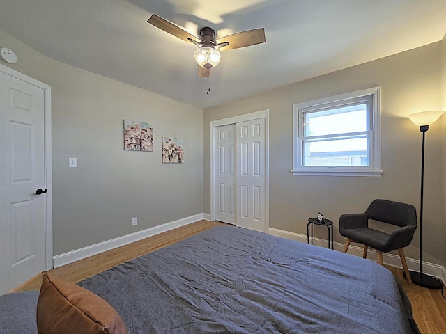 bedroom featuring ceiling fan, a closet, and wood-type flooring