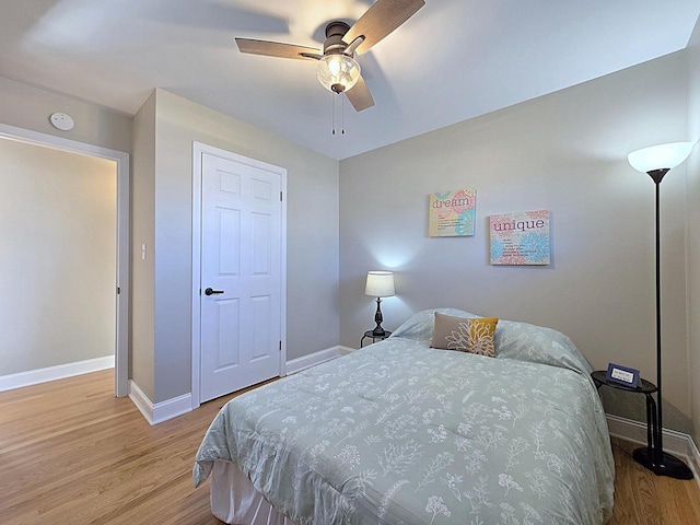 bedroom featuring ceiling fan and light hardwood / wood-style flooring