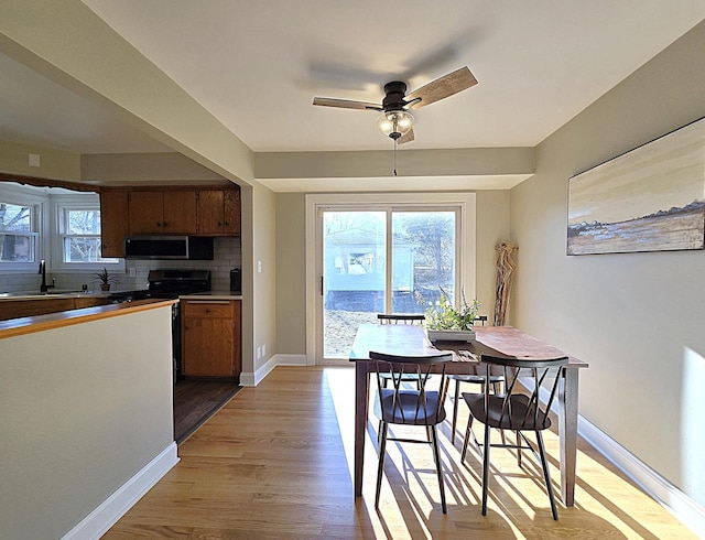 dining space with ceiling fan, light hardwood / wood-style floors, and sink