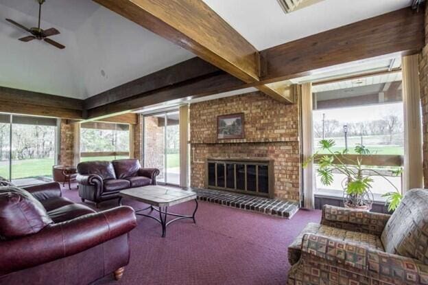 carpeted living room featuring ceiling fan, a healthy amount of sunlight, beamed ceiling, and a fireplace