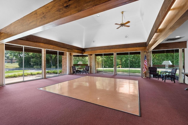 unfurnished sunroom with ceiling fan and lofted ceiling