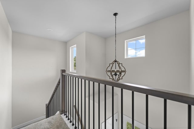 hall with a wealth of natural light and carpet flooring