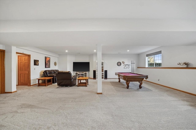 rec room featuring light carpet and billiards