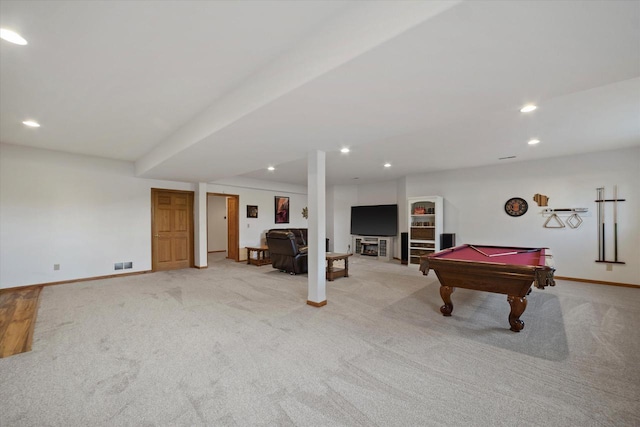 rec room featuring light carpet and pool table