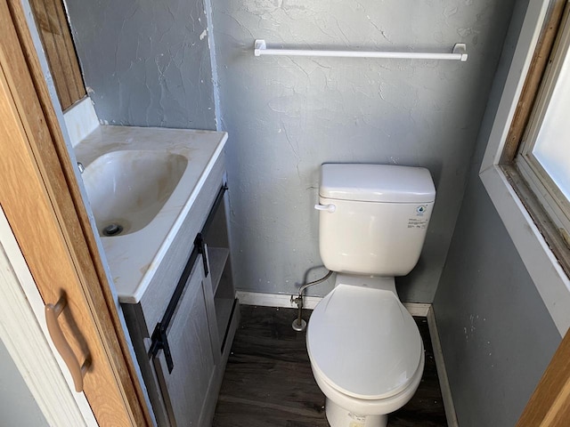 bathroom featuring toilet, wood-type flooring, and vanity