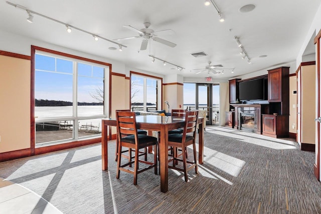 dining area with a fireplace, a wealth of natural light, a water view, and carpet flooring