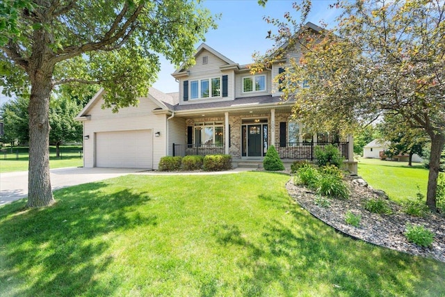 craftsman-style home featuring brick siding, covered porch, concrete driveway, a garage, and a front lawn