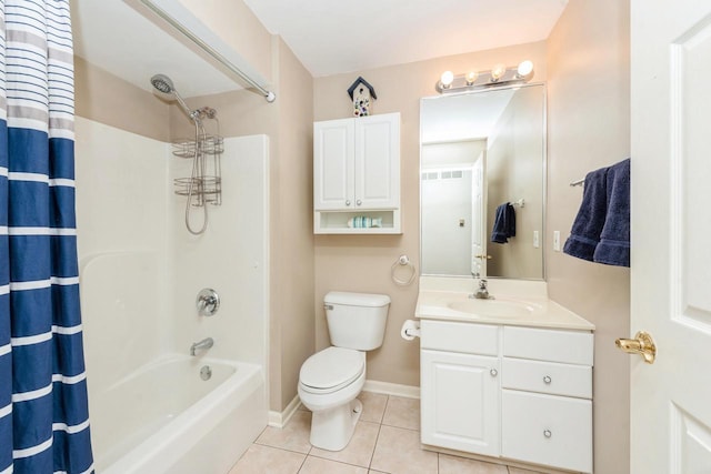 full bathroom with toilet, tile patterned flooring, vanity, and shower / tub combo with curtain