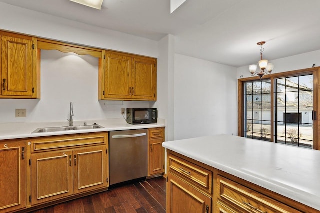 kitchen featuring brown cabinets, a sink, stainless steel dishwasher, dark wood-style floors, and black microwave