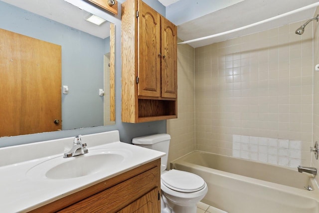 full bath featuring vanity, shower / tub combination, and toilet