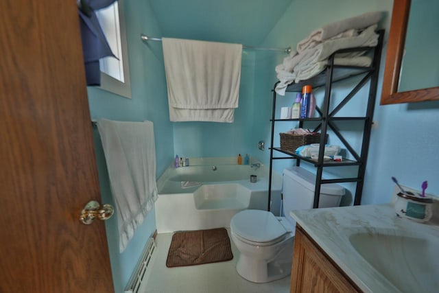 bathroom with baseboard heating, toilet, vanity, and a bathing tub