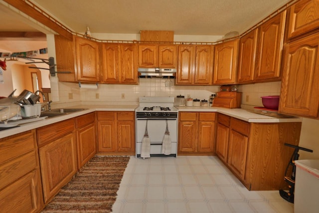 kitchen featuring white range with gas stovetop, tasteful backsplash, and sink