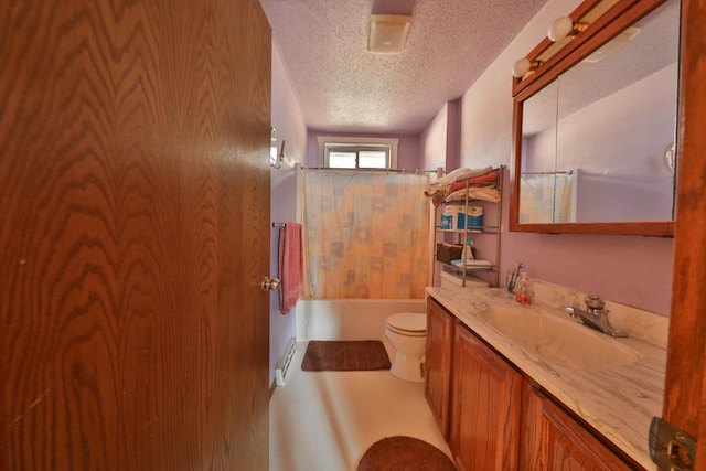 full bathroom featuring a textured ceiling, toilet, vanity, and shower / tub combo with curtain