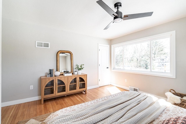 bedroom featuring ceiling fan and light wood-type flooring