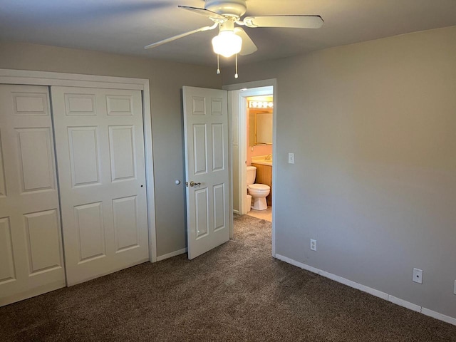 unfurnished bedroom with a closet, ceiling fan, and carpet