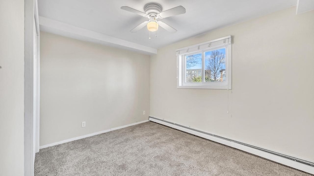 carpeted spare room with a baseboard radiator and ceiling fan