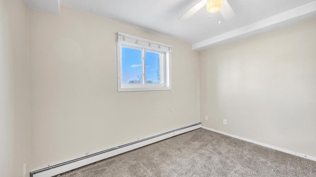 empty room featuring a baseboard heating unit, light carpet, and ceiling fan