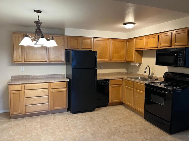 kitchen with sink, an inviting chandelier, hanging light fixtures, light tile patterned floors, and black appliances