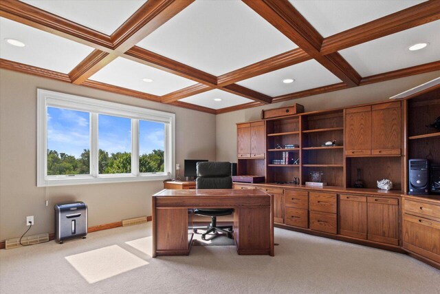 N84W36411 Riverwood Ln, Oconomowoc, WI 53066 - office featuring crown molding, beam ceiling, light colored carpet, and coffered ceiling